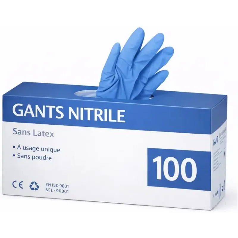 Gants nitrile jetables bleus, boîte de 100