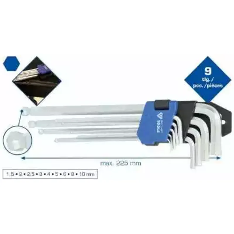 Jeu De Clés 6 Pans Longues A Tête Sphérique, 9 Pcs